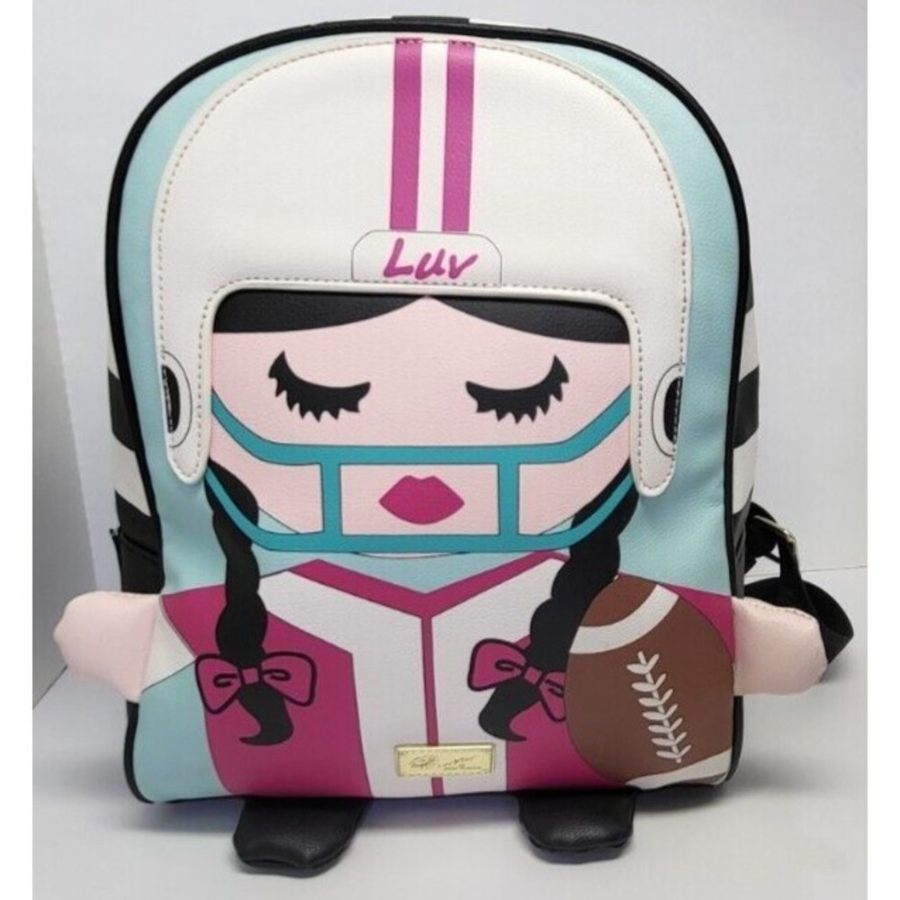 Luv Betsey Johnson Backpack Bookbag Purse Football Girl, Black Aqua Pink